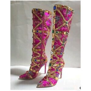Womans Rhinstone High Heel Embroidery Gem Pointed Toe Stilletto Crystal Heels...